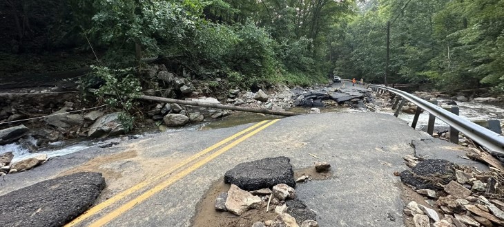 Flood damaged road in Warren County